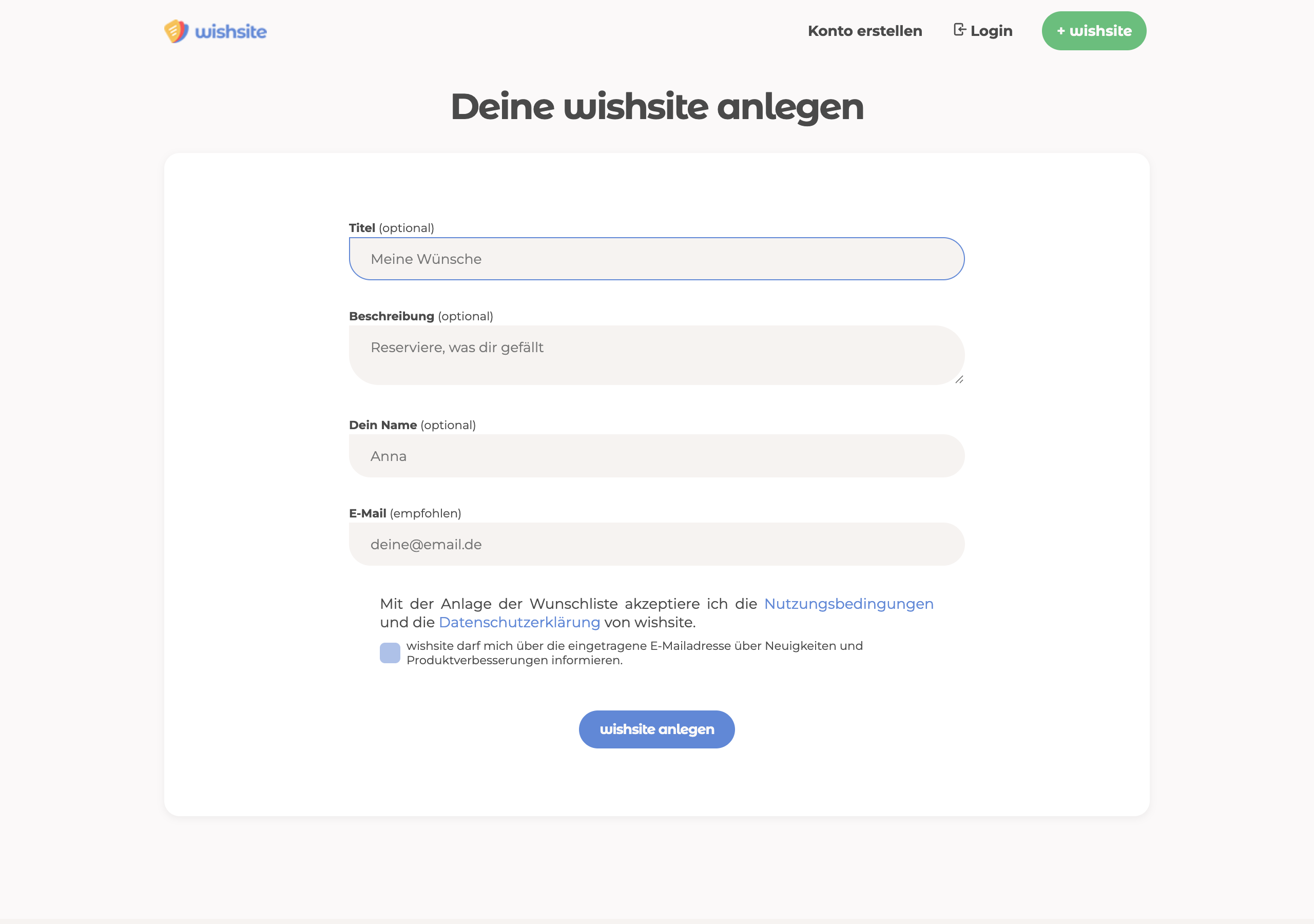Formular zum Anlegen einer neuen wishsite-Wunschliste ohne Registrierung