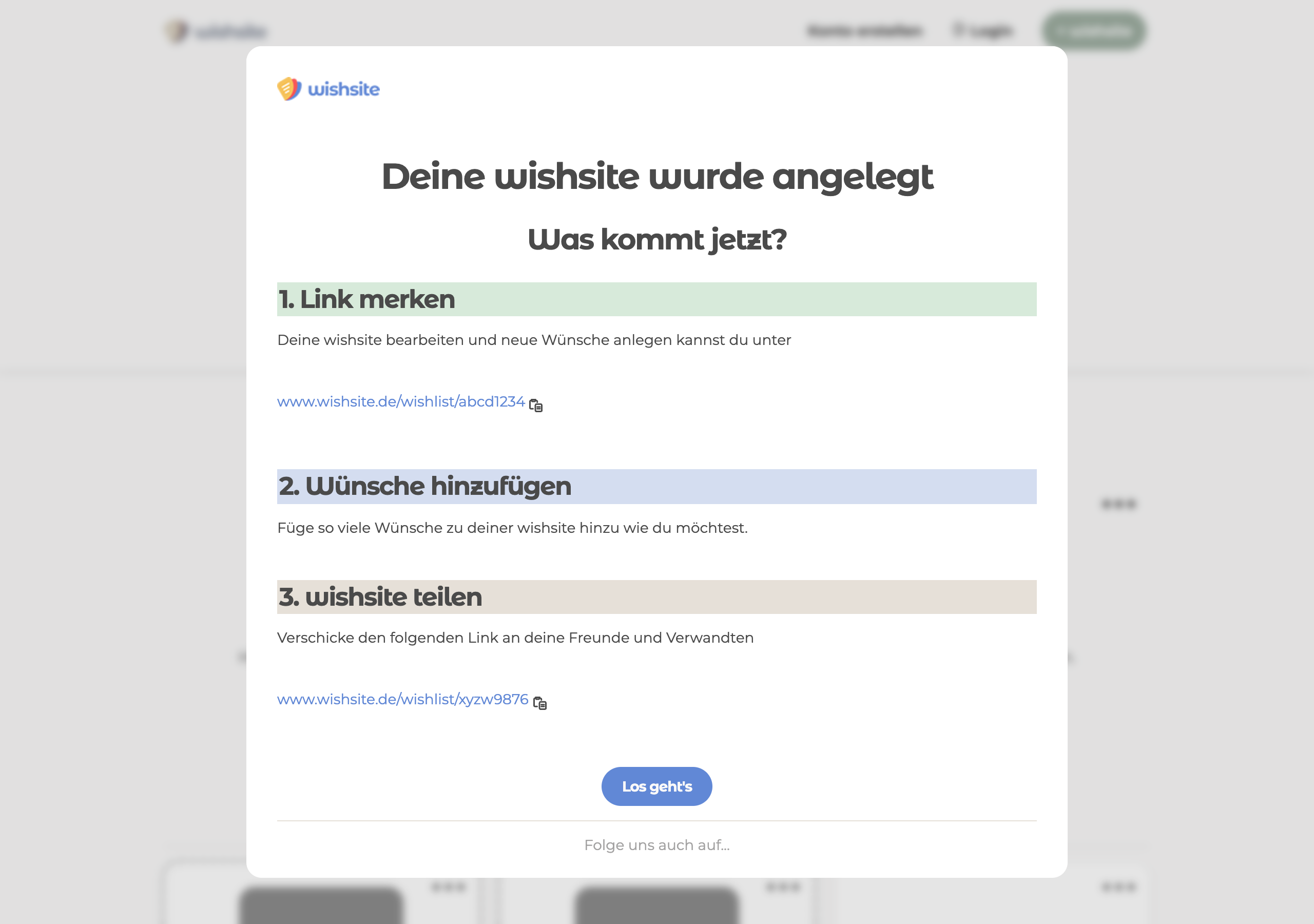 Modal nach dem Anlegen einer wishsite-Wunschliste: Verwaltungslink sichern