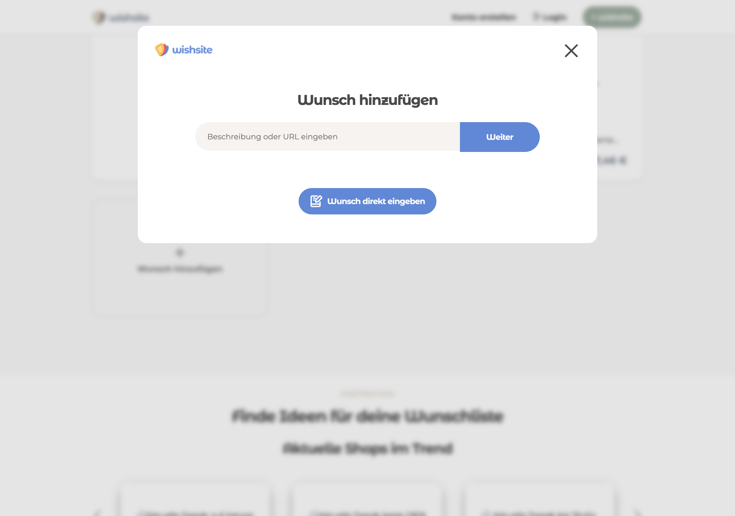 Dialog zum Hinzufügen eines Wunsches auf wishsite mit Suche oder direkter Eingabe