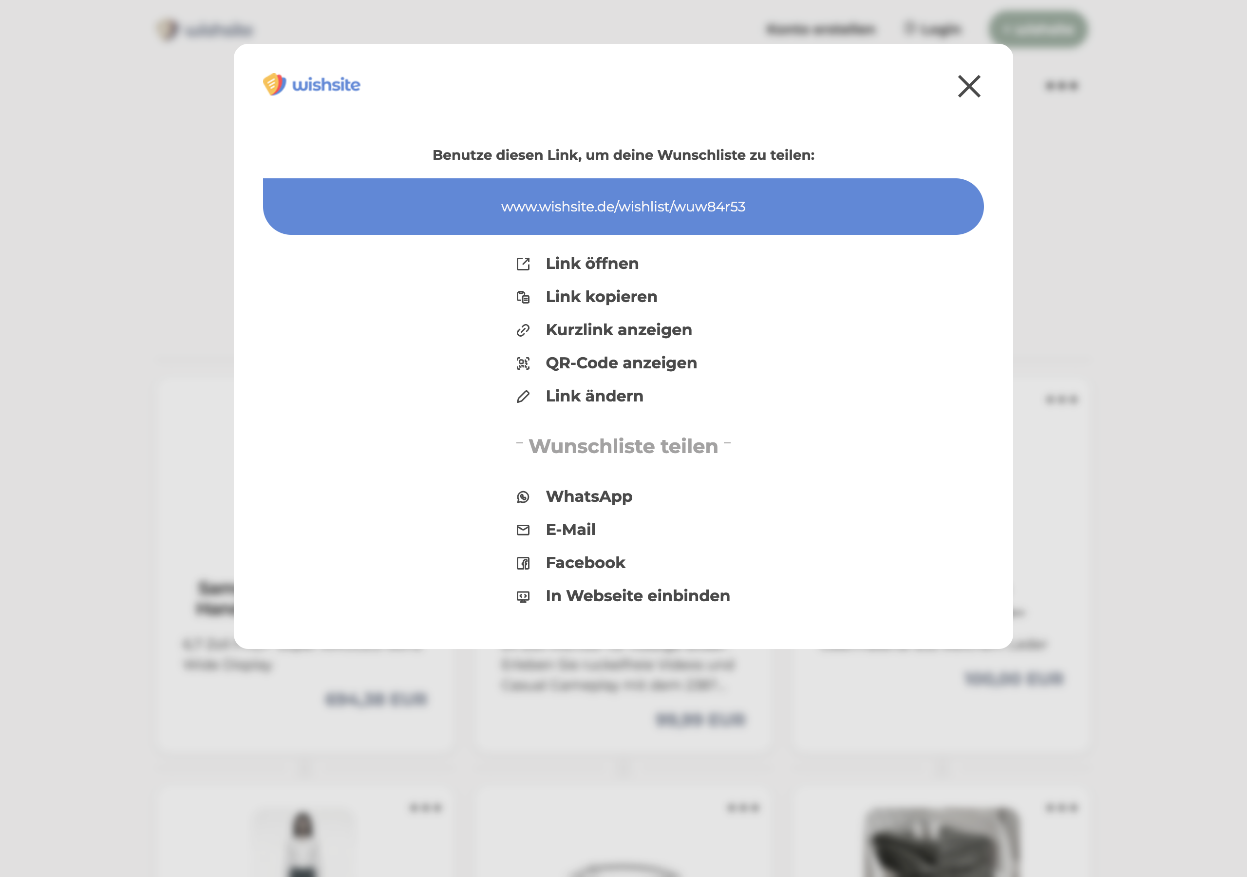 Teilen-Popup auf wishsite mit Link, QR-Code und Social-Media-Optionen