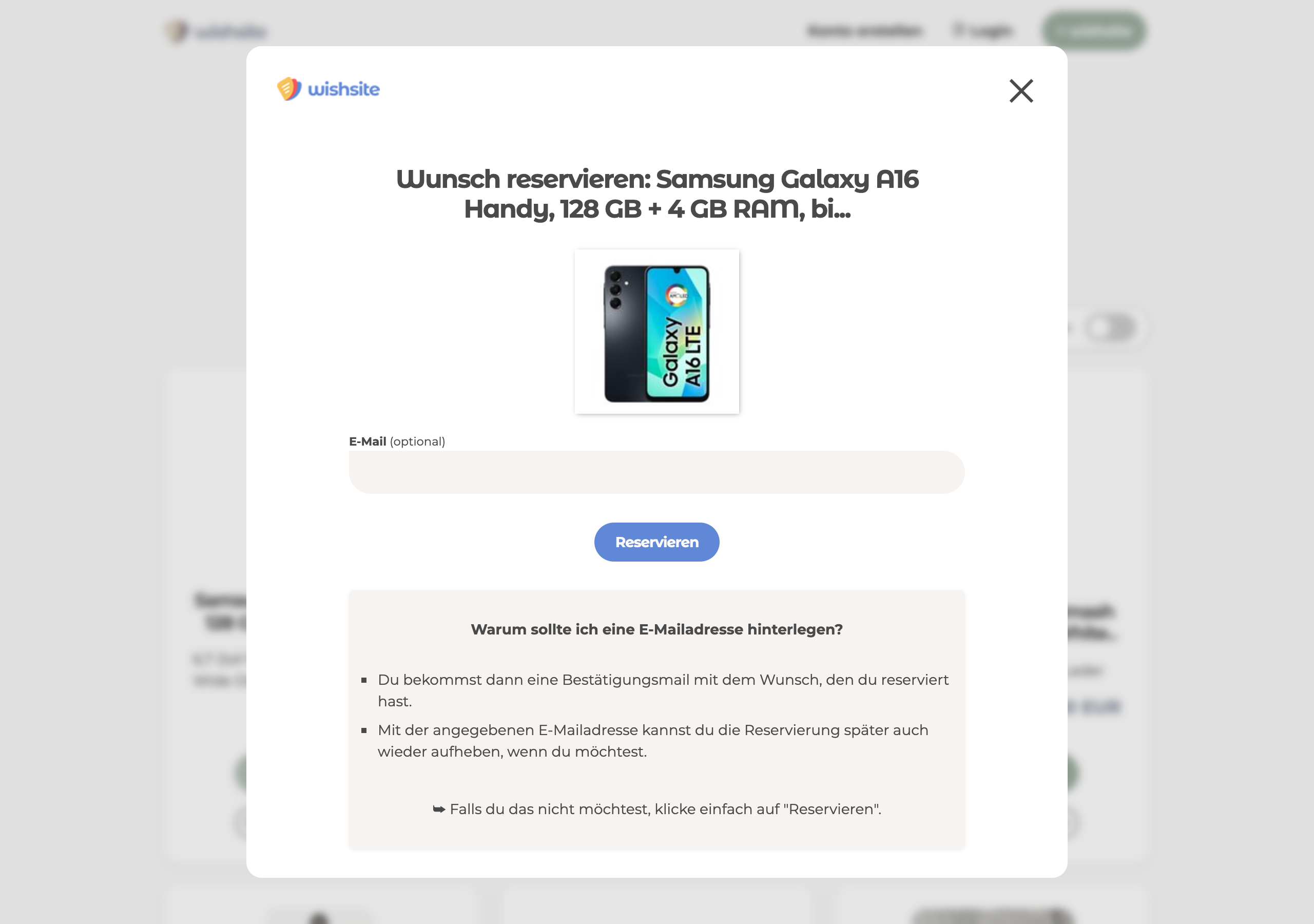 Reservierungs-Dialog auf wishsite mit optionaler E-Mail-Angabe