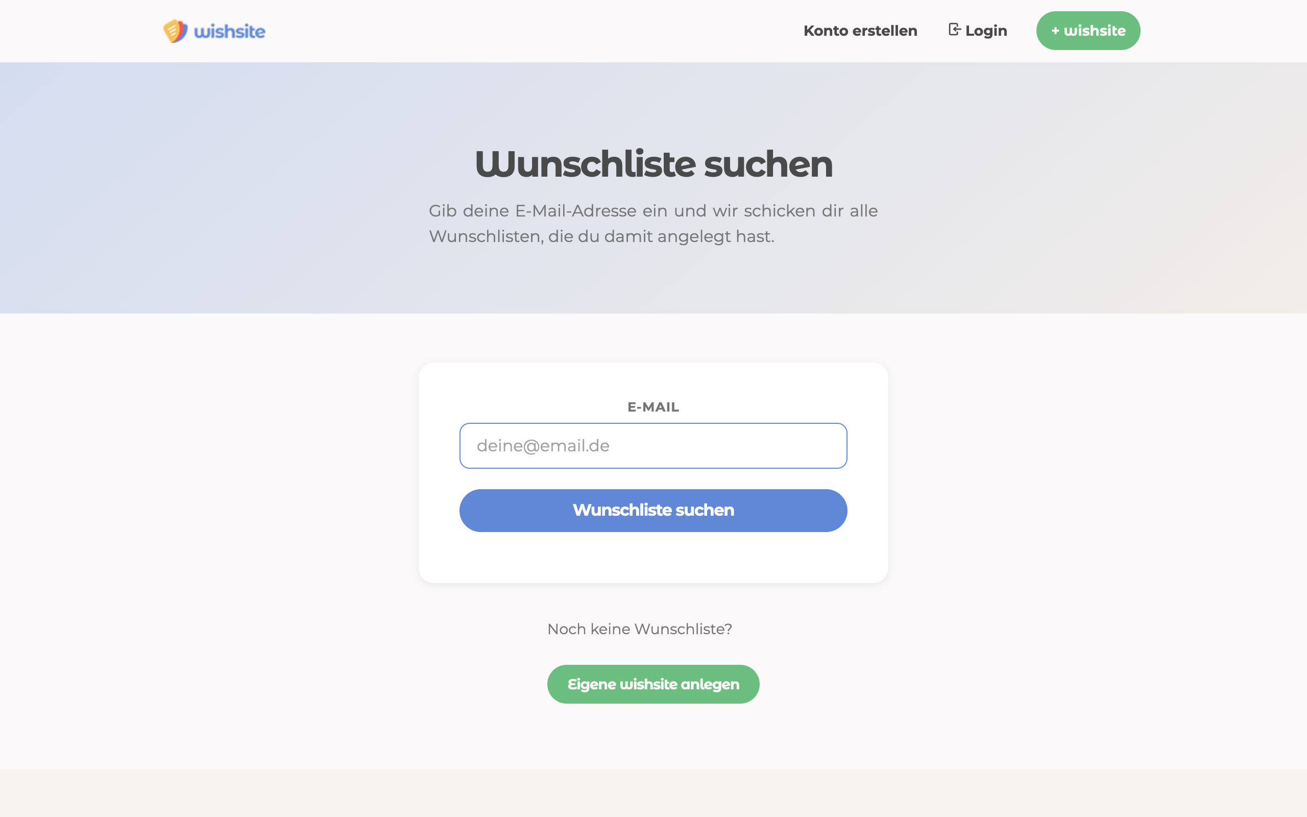Suchformular auf wishsite zum Wiederfinden einer verlorenen Wunschliste per E-Mail