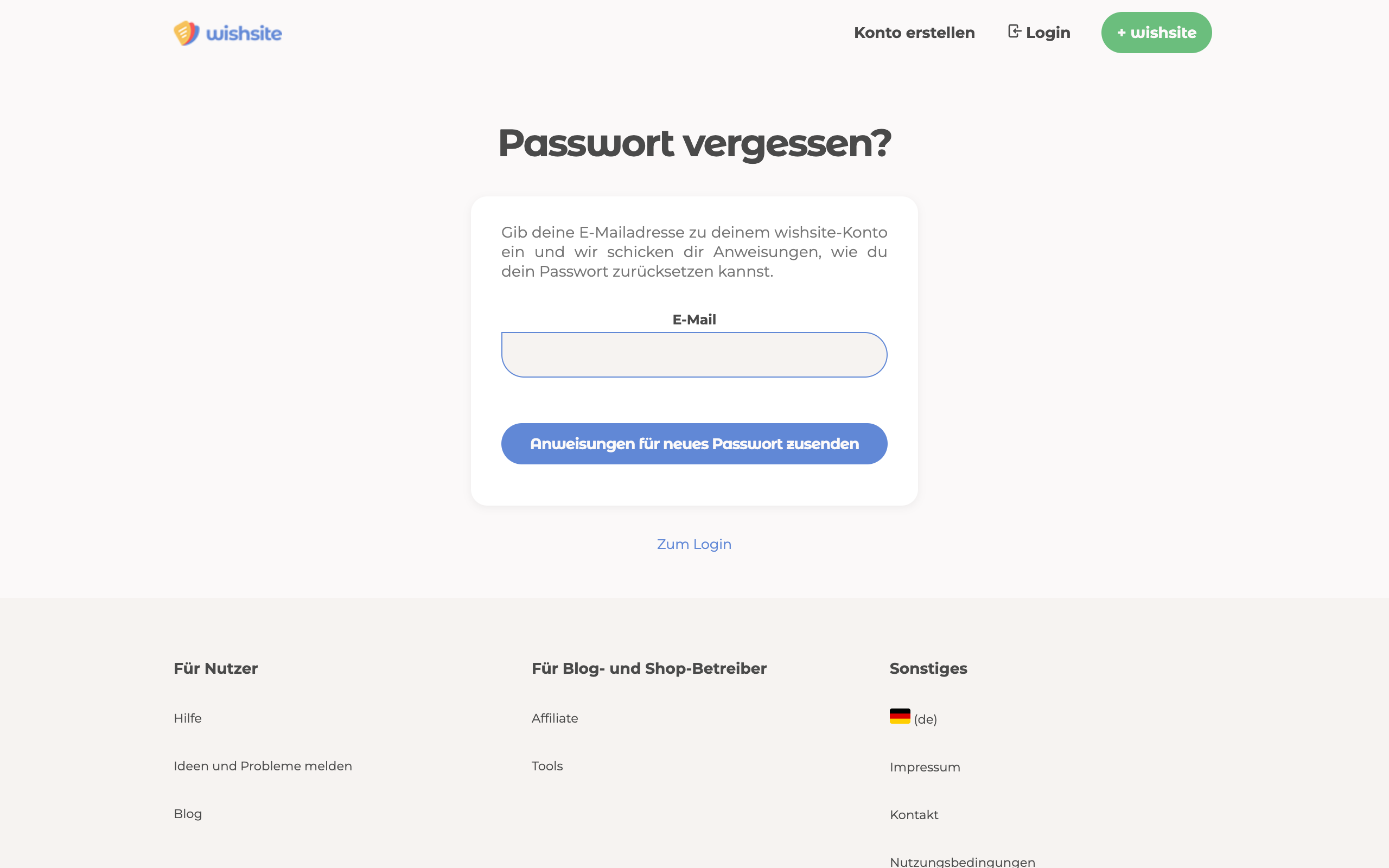 Passwort-vergessen-Seite auf wishsite zum Zurücksetzen des Kontopassworts