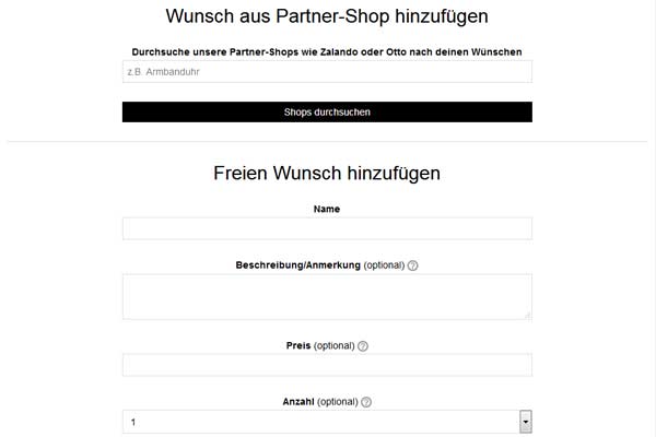 Formular zur Anlage eines neuen Wunsches