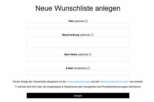 Formular zur Anlage einer neuen Wunschliste