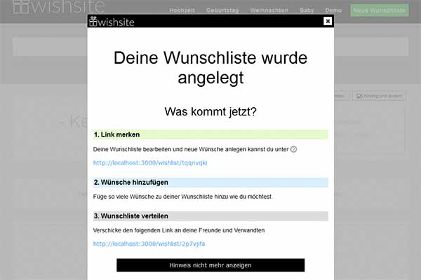 Anweisungen nach der Anlage einer Wunschliste